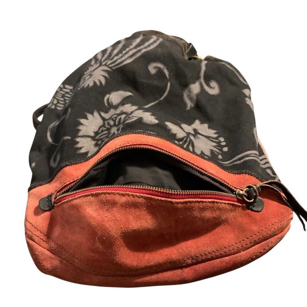 VTG Lucky Brand Leather Canvas Backpack Bag Floral Black Red Y2K Boho Drawstring - Picture 11 of 16